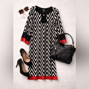 R&M Richards Black White Chevron Dress w Red Trim | Size 14